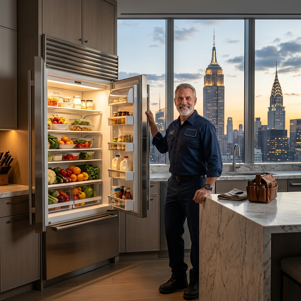 Sub Zero refrigerator repair technician working in a Manhattan kitchen